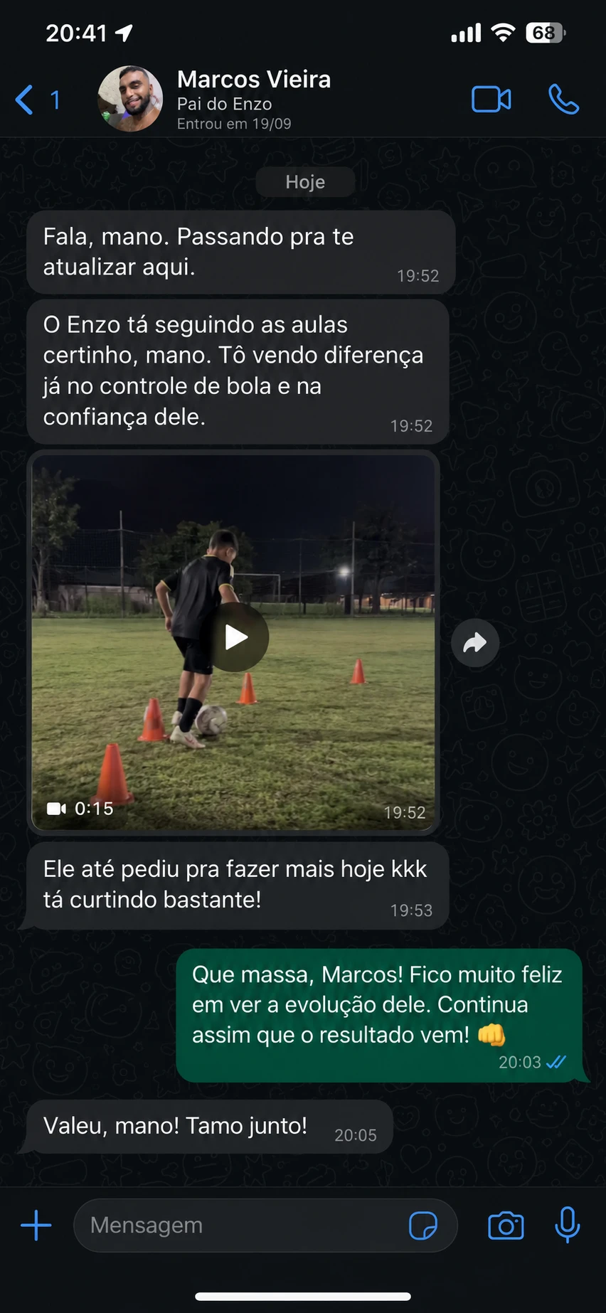 Conversa no WhatsApp: pai do Enzo fala da melhora no controle de bola